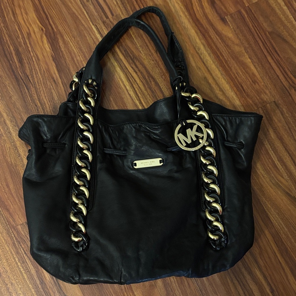 Michael Kors Black Leather Hobo Bag with Gold Chain Accents